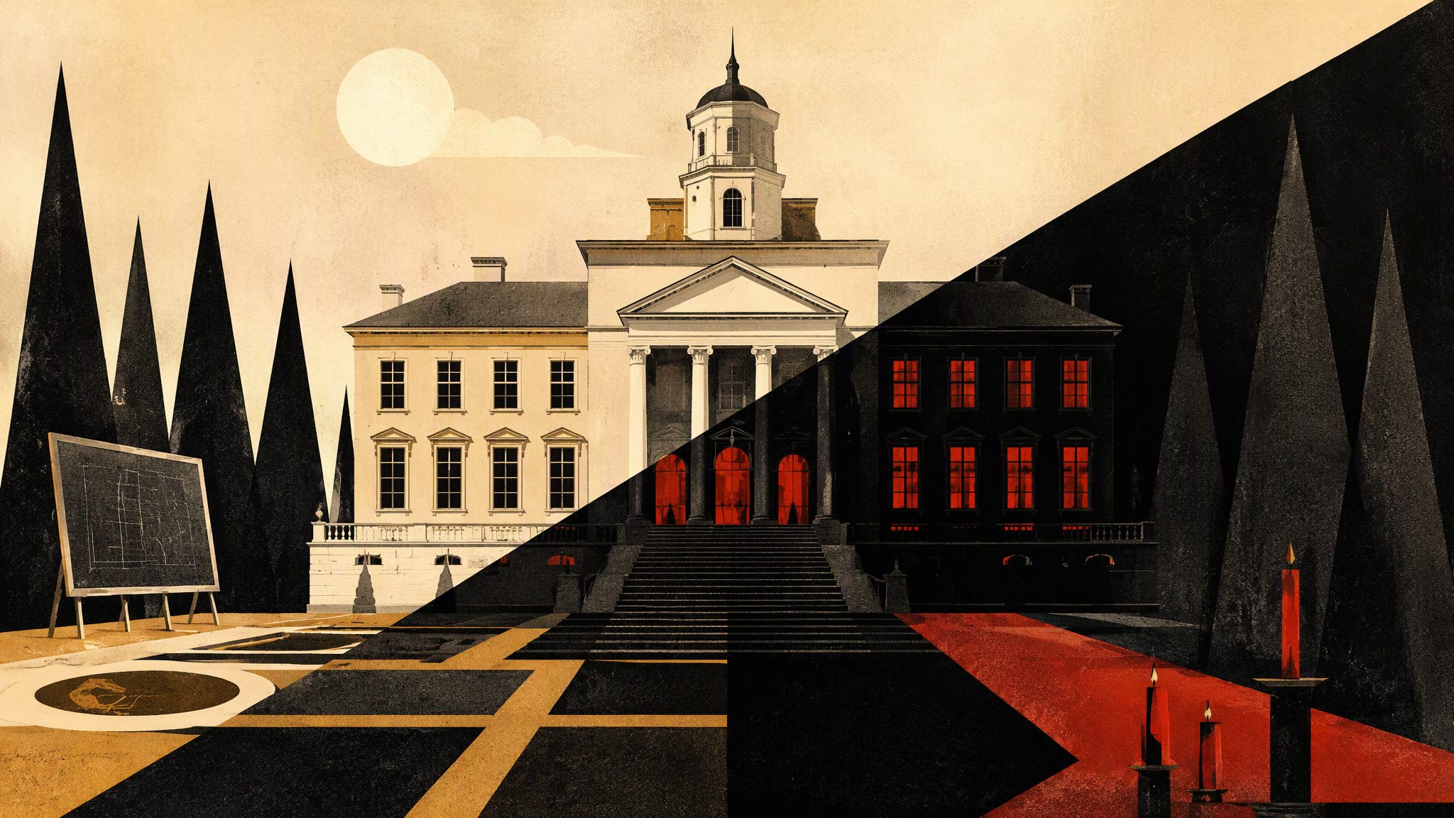 An illustrated estate divided diagonally between daylight and darkness